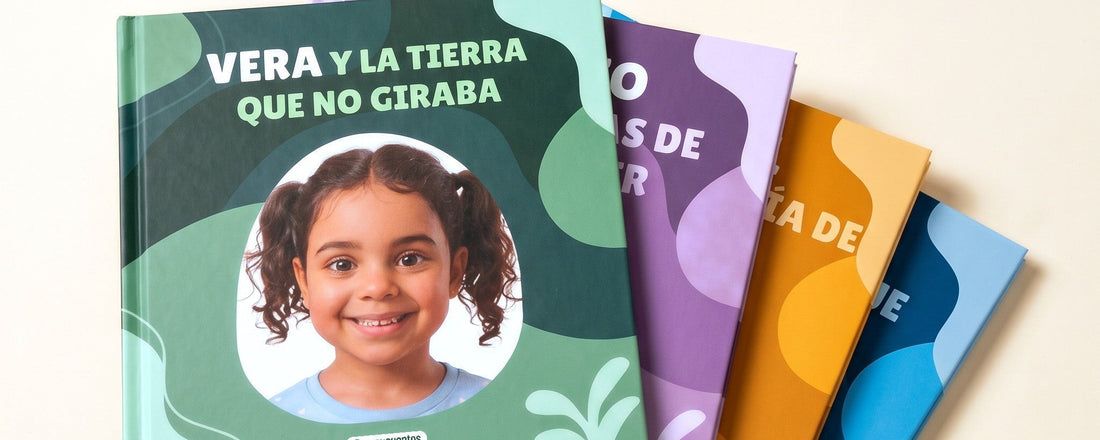 Cuentos personalizados con la foto del niño en la portada, sobre una mesa