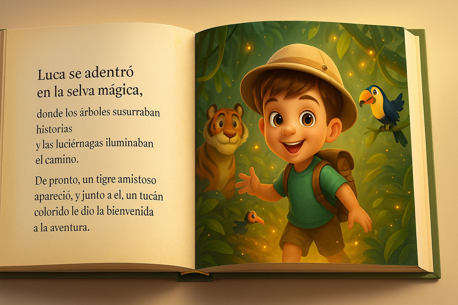 Páginas interiores cuento personalizado con niño protagonista en la selva
